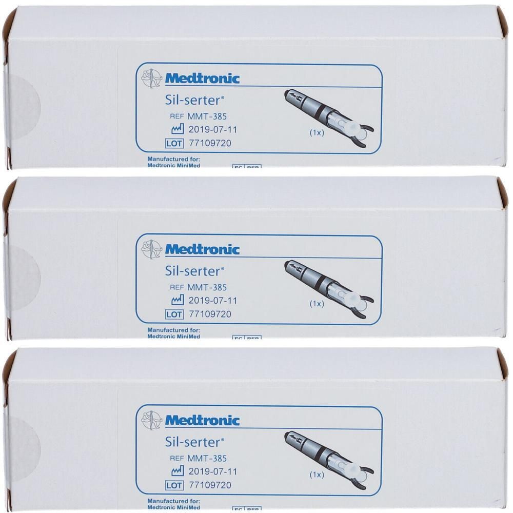 Drei Packungen Medtronic Sil-serter, REF MMT-385, LOT 77109720. Abbildung eines Einführgeräts.