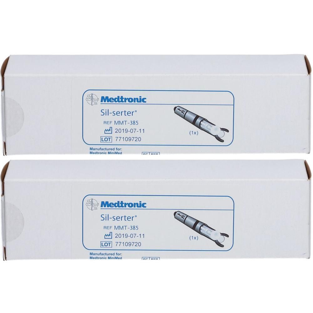 Zwei Medtronic Sil-serter Einheiten in weißer Verpackung mit Produktabbildung und Details.
