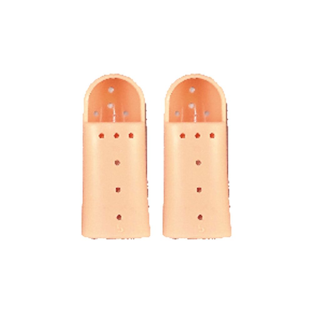 Zwei helle Fingerorthesen aus Kunststoff mit Belüftungslöchern.