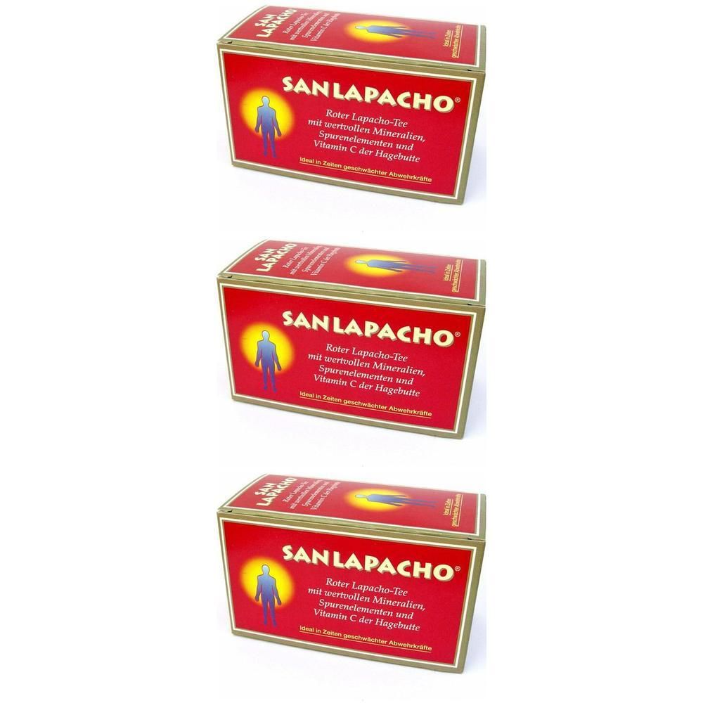Drei Schachteln SAN LAPACHO Tee mit Lapacho-Rinde, Mineralien und Vitamin C. Rote Verpackung mit gelbem Kreis und Silhouette.