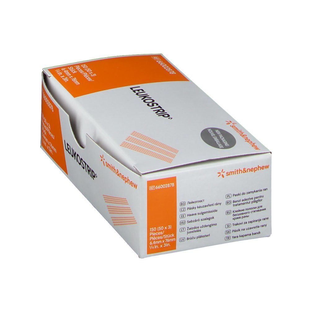 Eine Schachtel LEUKOSTRIP Wundnahtstreifen 6,4 x 76 mm, steril, mit Smith & Nephew Logo.