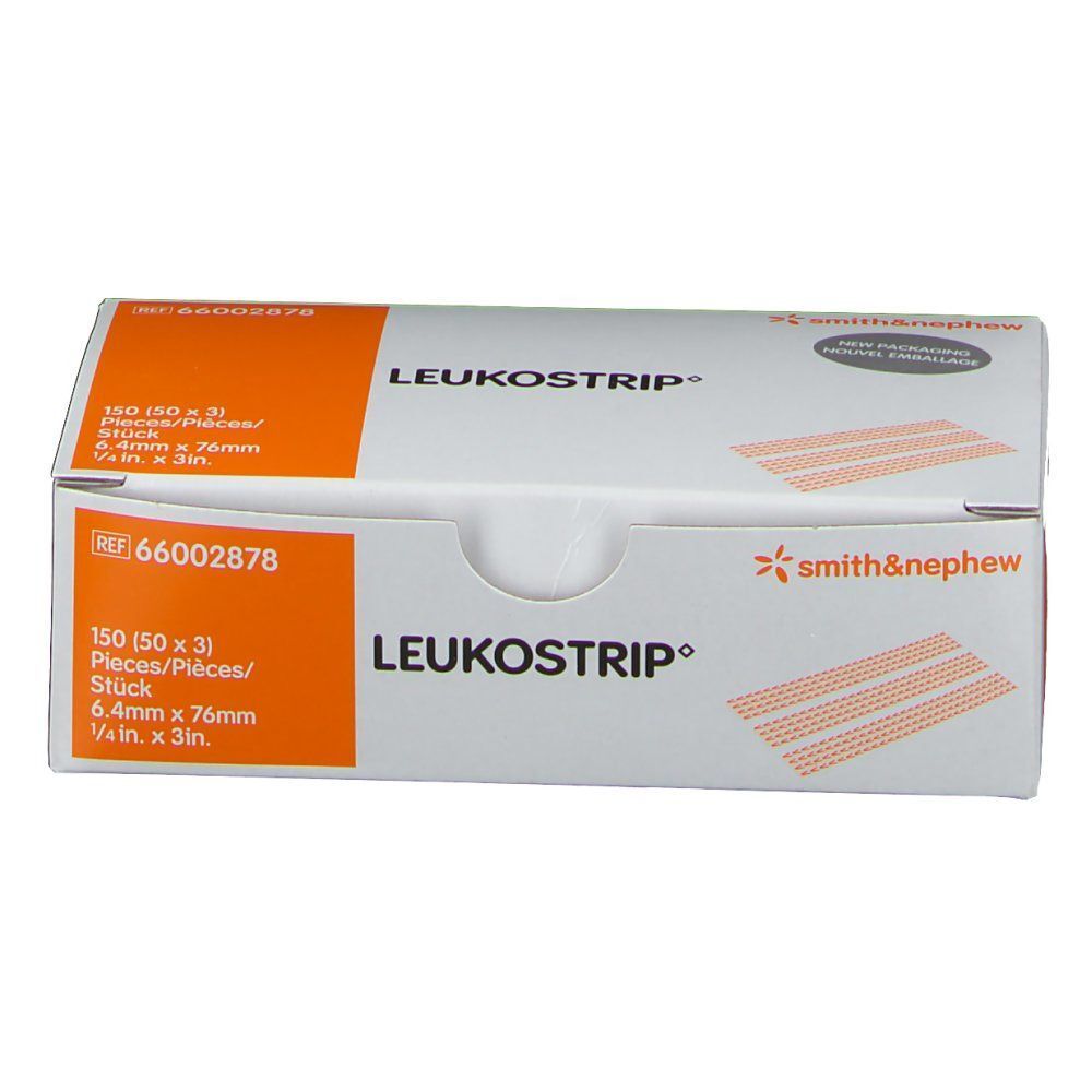 Schachtel LEUKOSTRIP® Wundnahtstreifen, 150 Stück (50 x 3), steril. Größe 6,4 mm x 76 mm. Mit Smith & Nephew Logo.
