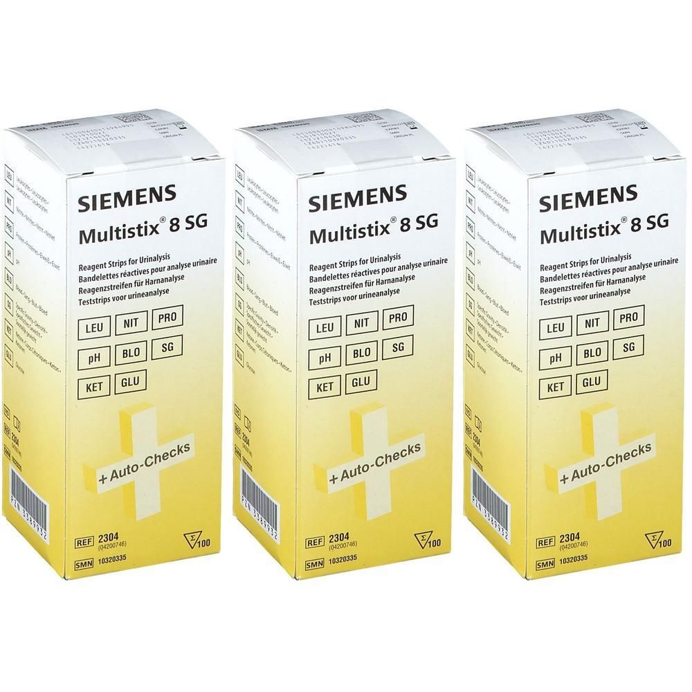 Drei Packungen Siemens Multistix 8 SG Urinteststreifen. Gelbe Kartons mit Produktinformationen und Testfeldern.