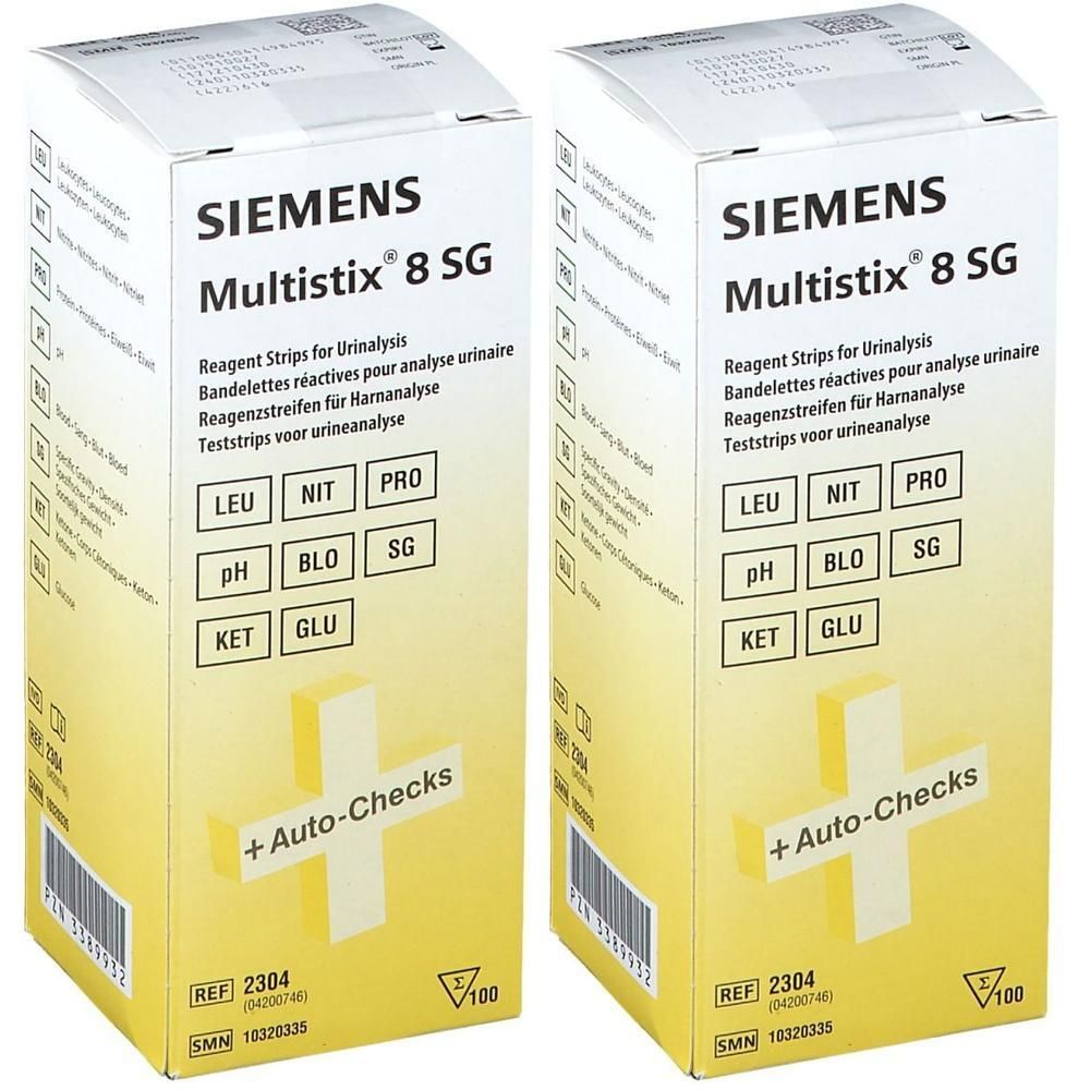 Zwei Packungen Siemens Multistix 8 SG Urinteststreifen. Zeigt Parameter wie LEU, NIT, PRO, pH, BLO, SG, KET, GLU an.