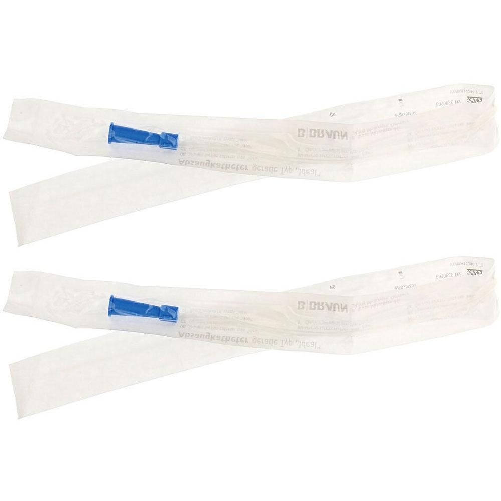 Zwei einzeln verpackte Absaugkatheter Typ Ideal CH8, 52 cm, mit blauen Konnektoren.
