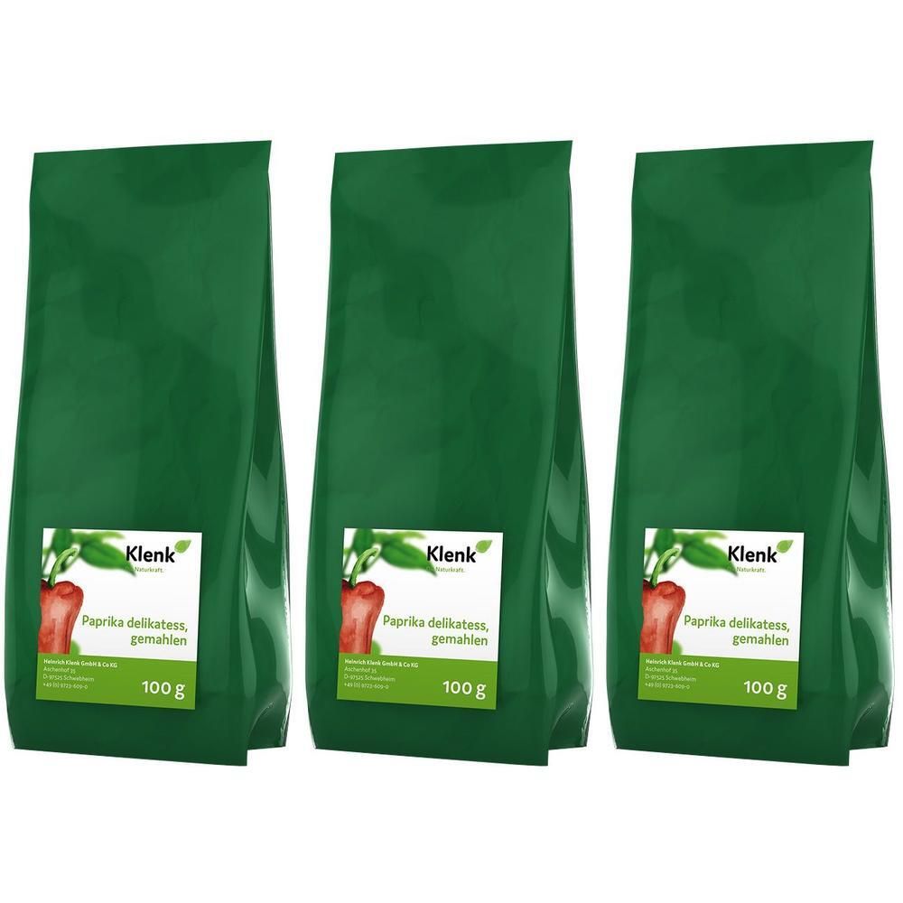 Drei grüne Beutel Klenk Paprika delikatess, gemahlen, je 100g.