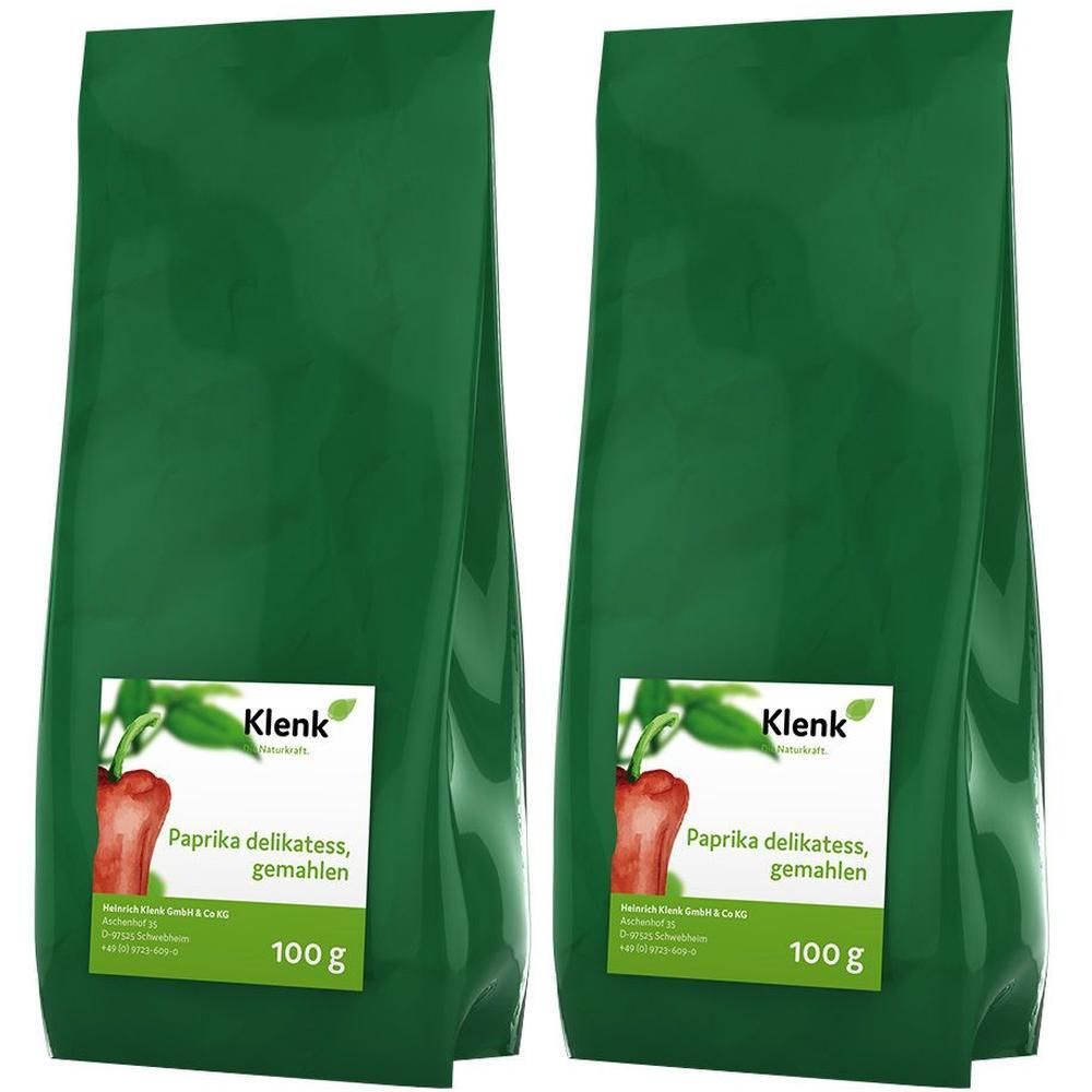 Zwei grüne Beutel Klenk Paprika Delikatess, gemahlen, je 100g.