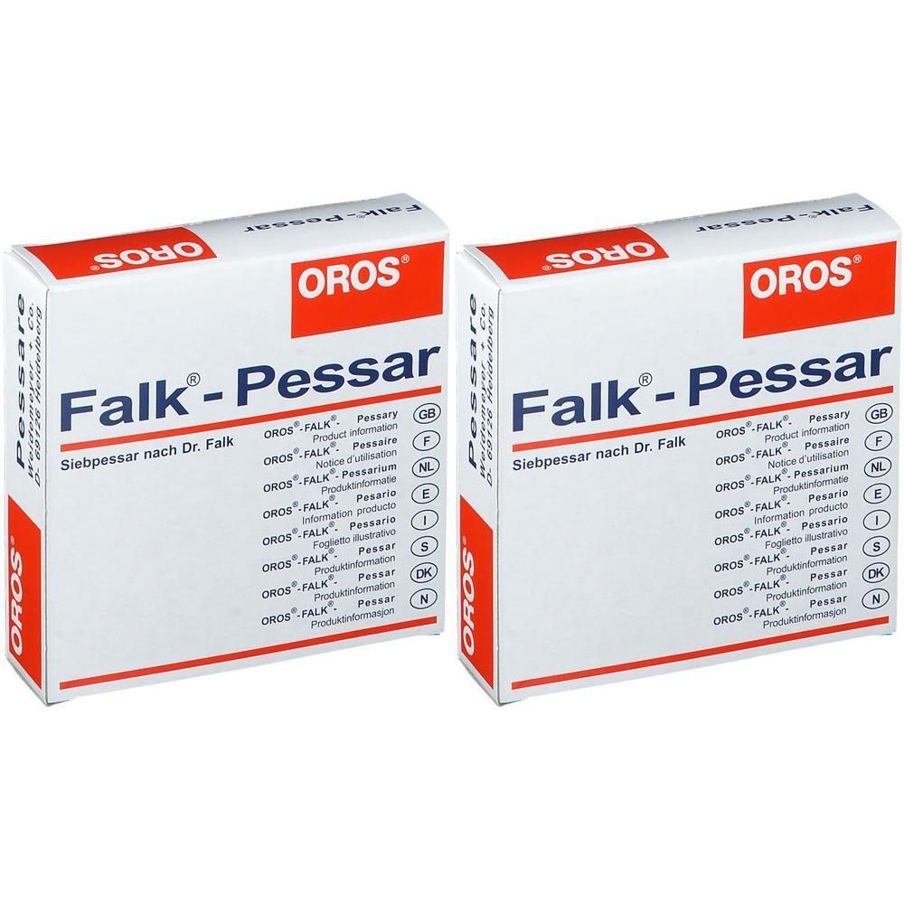 Zwei OROS Falk-Pessar Schachteln, weiß mit rotem und blauem Aufdruck. "Falk-Pessar" und "Siebepessar nach Dr. Falk" sind sichtbar.