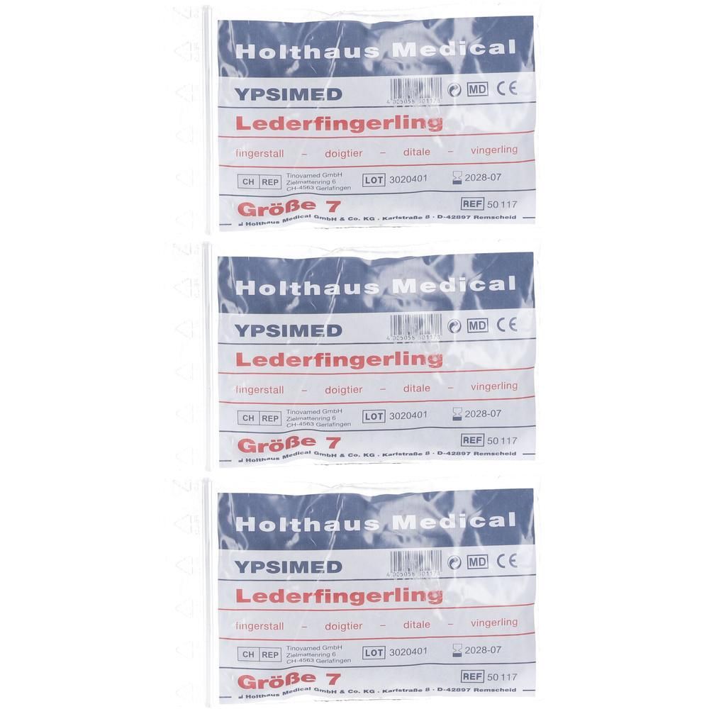 Drei Lederfingerlinge, Größe 7, von Holthaus Medical.