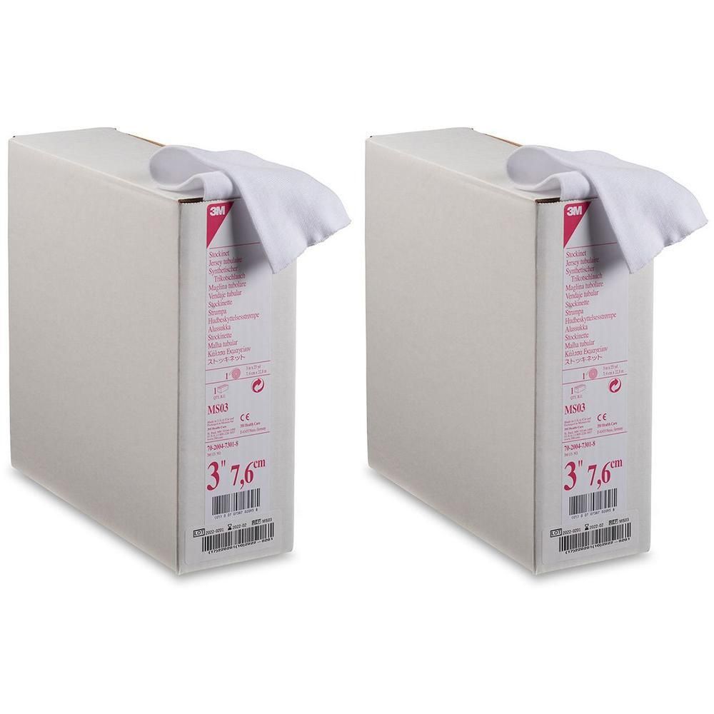 Zwei Packungen 3M Trikotschlauch Poly Verband, weiß, 7,5 cm breit.