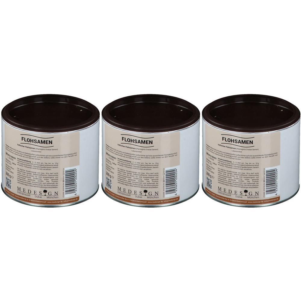 Drei Dosen Flohsamen von Medesign, jeweils 250g.