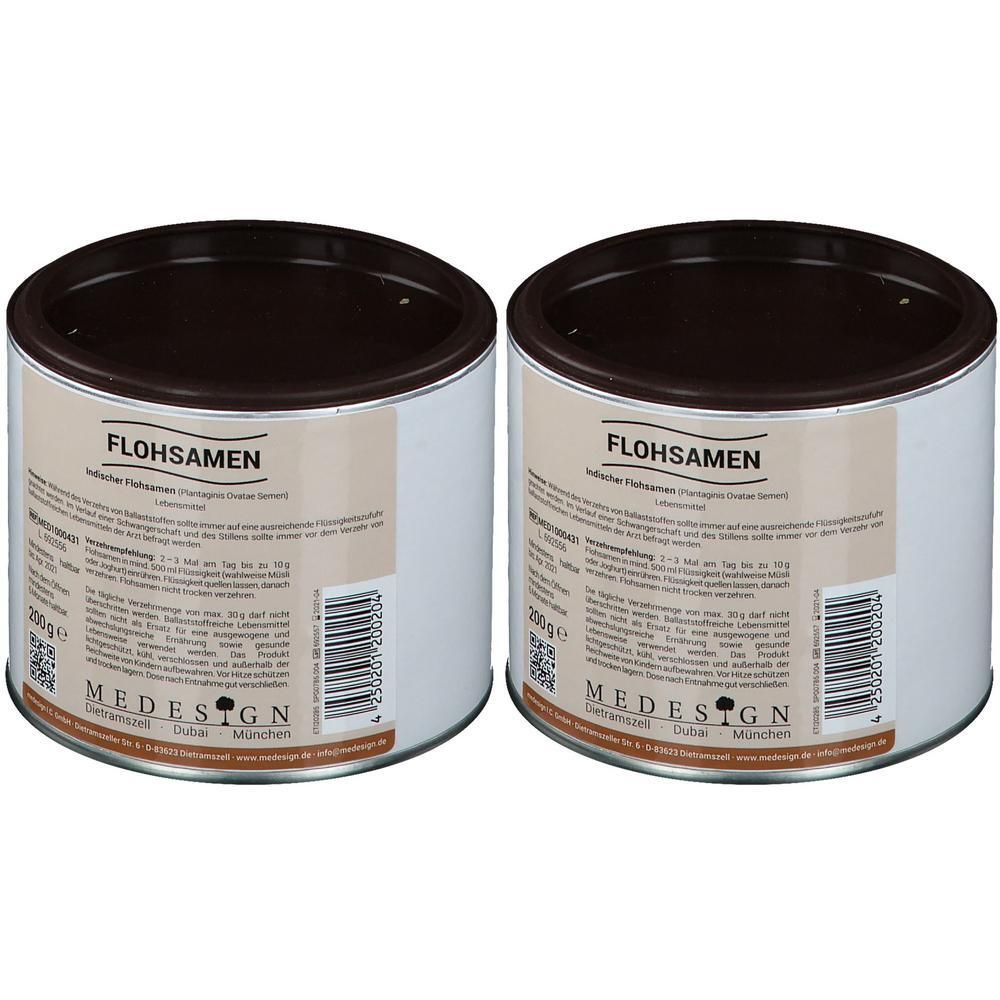 Zwei Dosen Flohsamen indisch, 200g pro Dose, Marke MEDESIGN.