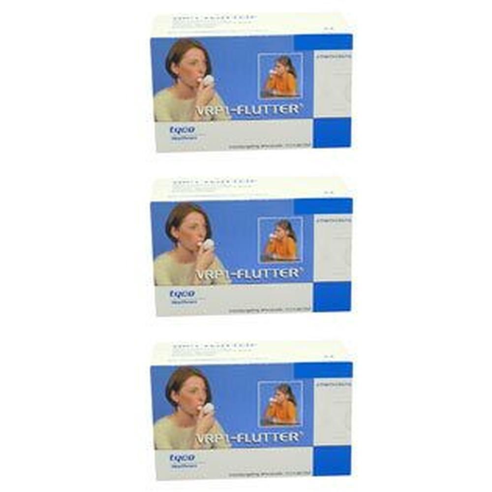 Drei Schachteln des VRP 1-FLUTTER Inhalators, jede mit einem Bild einer Frau und eines Kindes, die das Gerät benutzen.