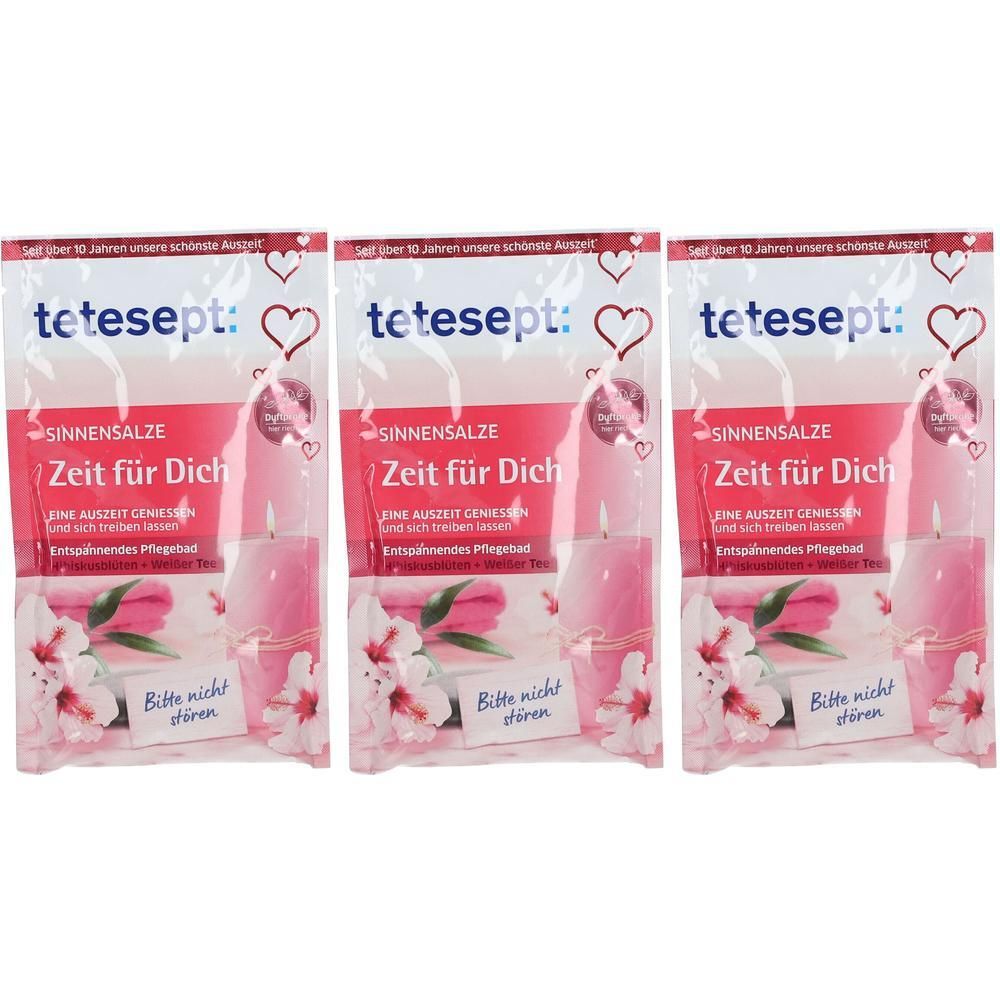 Drei Packungen tetesept Sinnensalze Zeit für Dich mit Kerzen und Blumenmotiv.