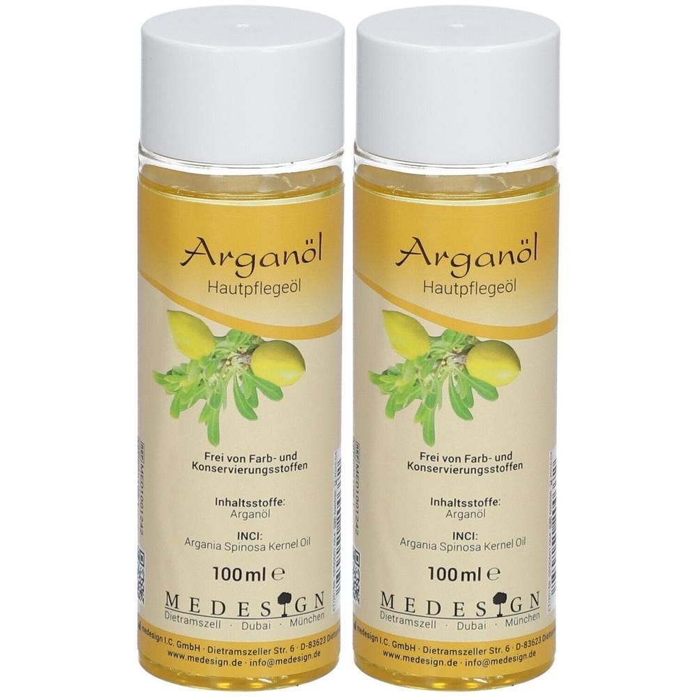 Zwei Flaschen Arganöl Hautpflegeöl, jeweils 100 ml. Frei von Farb- und Konservierungsstoffen.