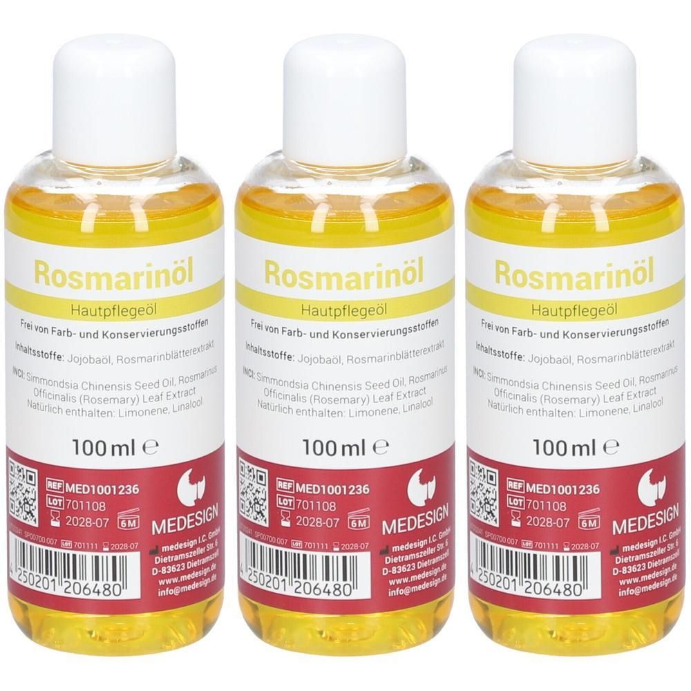 Drei Flaschen Rosmarinöl Hautpflegeöl, je 100 ml. Klare Flüssigkeit in transparenten Flaschen mit weißen Verschlüssen.