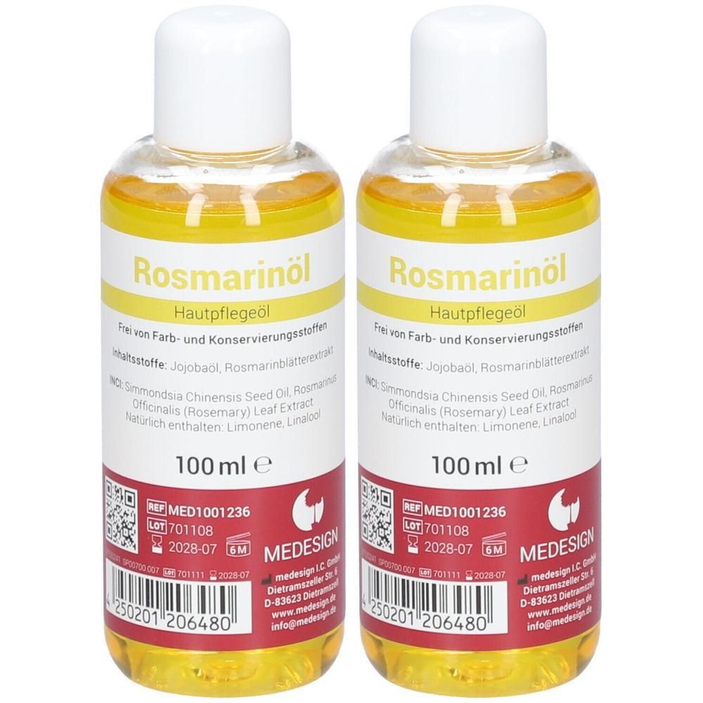 Zwei Flaschen Rosmarinöl (Hautpflegeöl), je 100 ml. Klare Flüssigkeit in durchsichtigen Plastikflaschen mit weißen Verschlüssen.