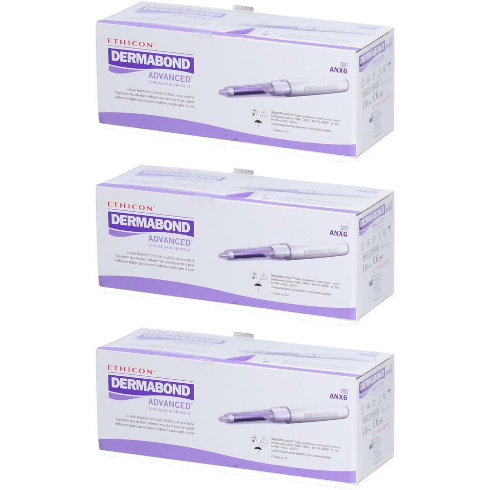 Drei Schachteln Dermabond Advanced Hautkleber mit Applikatorabbildung.