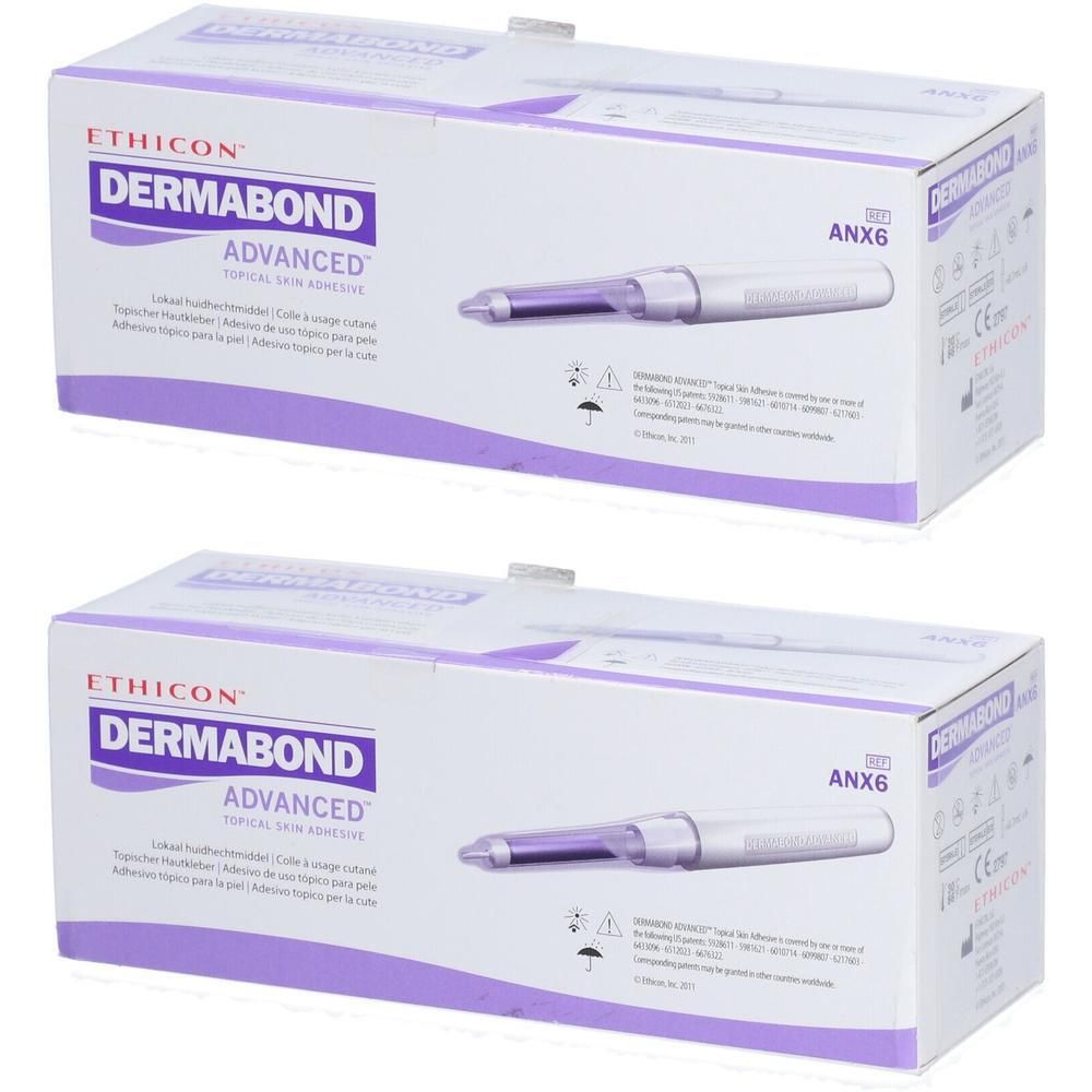Zwei Schachteln Dermabond Advanced Hautkleber mit je einem Applikator.