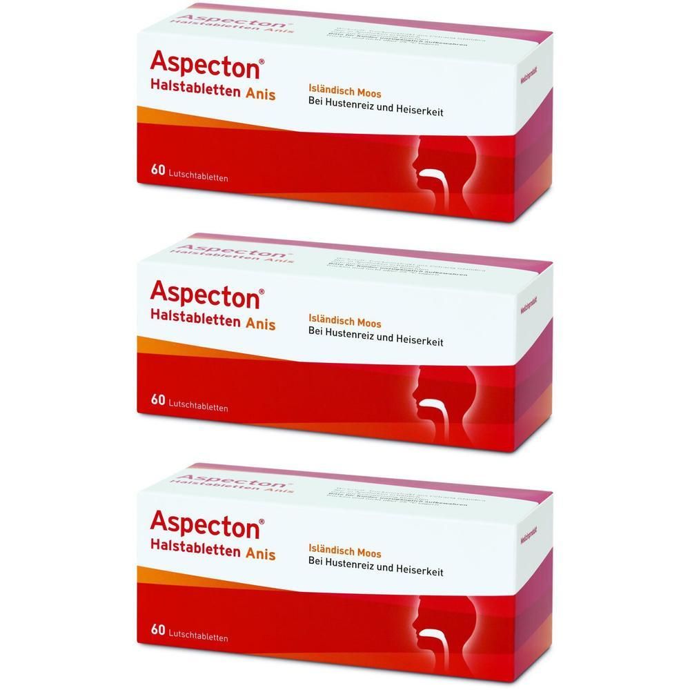 Drei Packungen Aspecton Halstabletten Anis mit je 60 Lutschtabletten. Rotes Design mit weißem Schriftzug und Silhouette eines Kopfes.