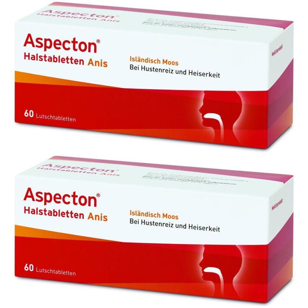 Zwei Packungen Aspecton Halstabletten Anis, 60 Lutschtabletten pro Packung.