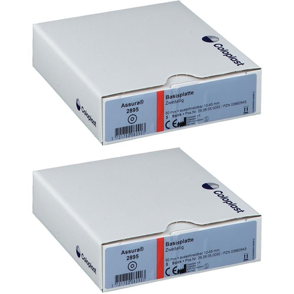 Zwei Coloplast Assura 2895 Basisplatten-Packungen. Plan, 10-45mm, Rastring 50mm.