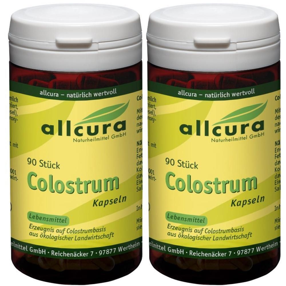 Zwei Dosen allcura Colostrum Kapseln, jeweils 90 Stück, mit Etikett.