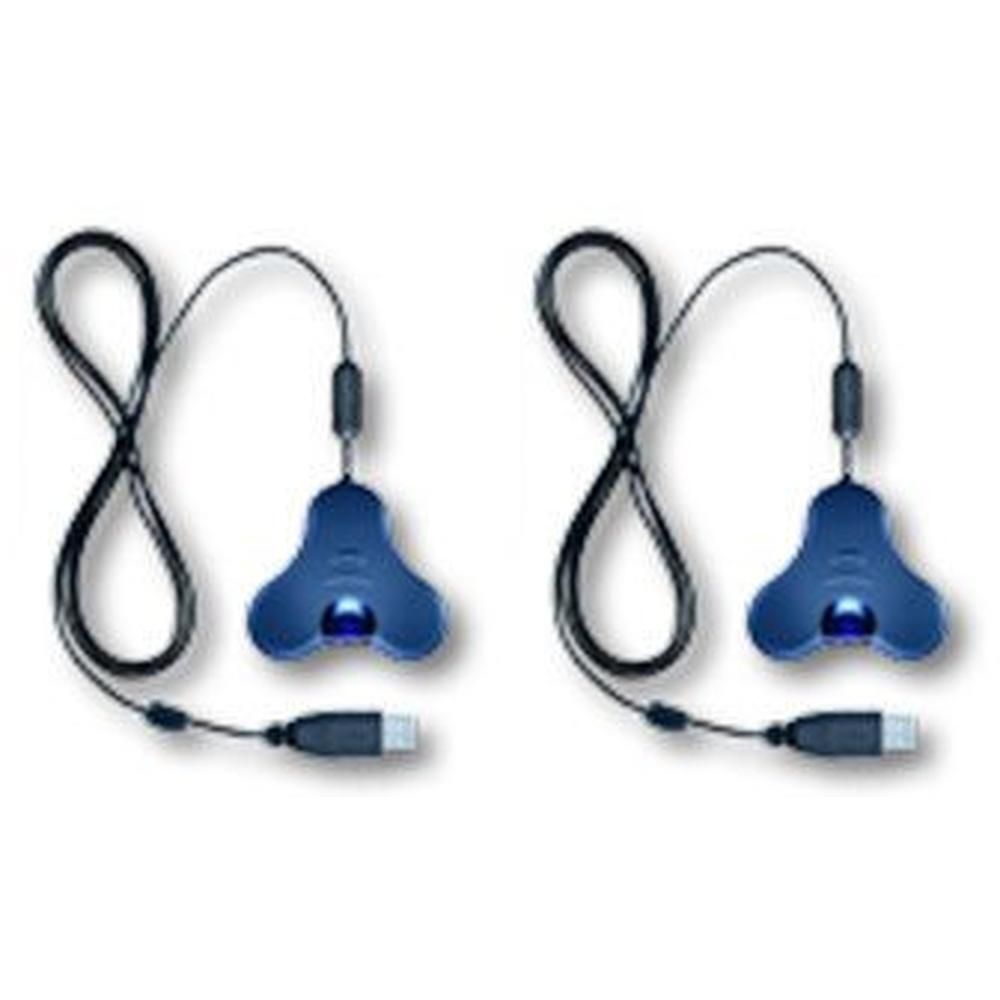 Zwei blaue USB-Kabel mit dreieckigen Anschlüssen und integrierten blauen Lichtern.