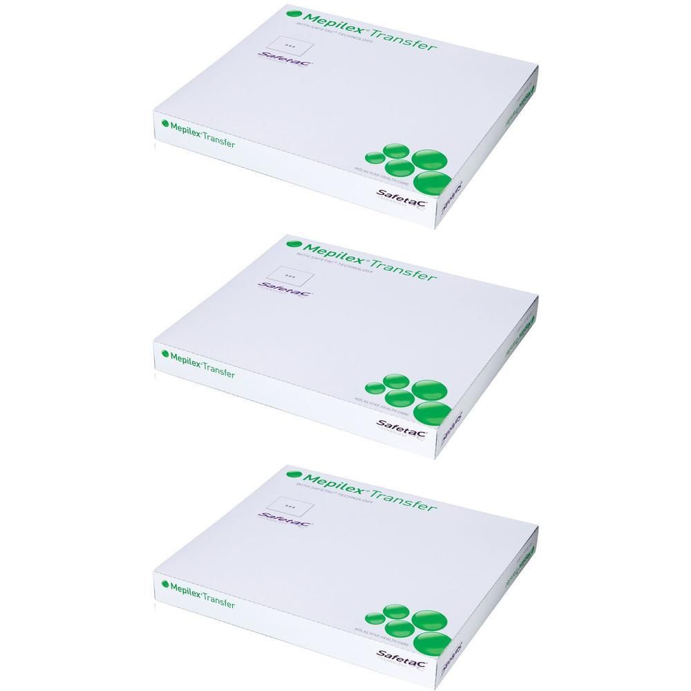 Drei Schachteln Mepilex Transfer Verbandmaterial, weiß mit grünen Akzenten.
