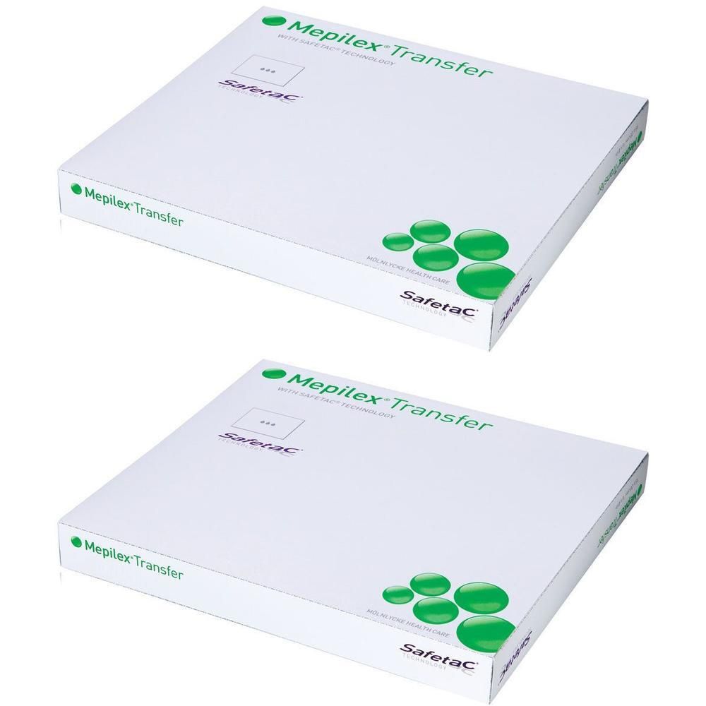 Zwei Packungen Mepilex® Transfer Verband, weiß, mit grünen Akzenten und Logo.