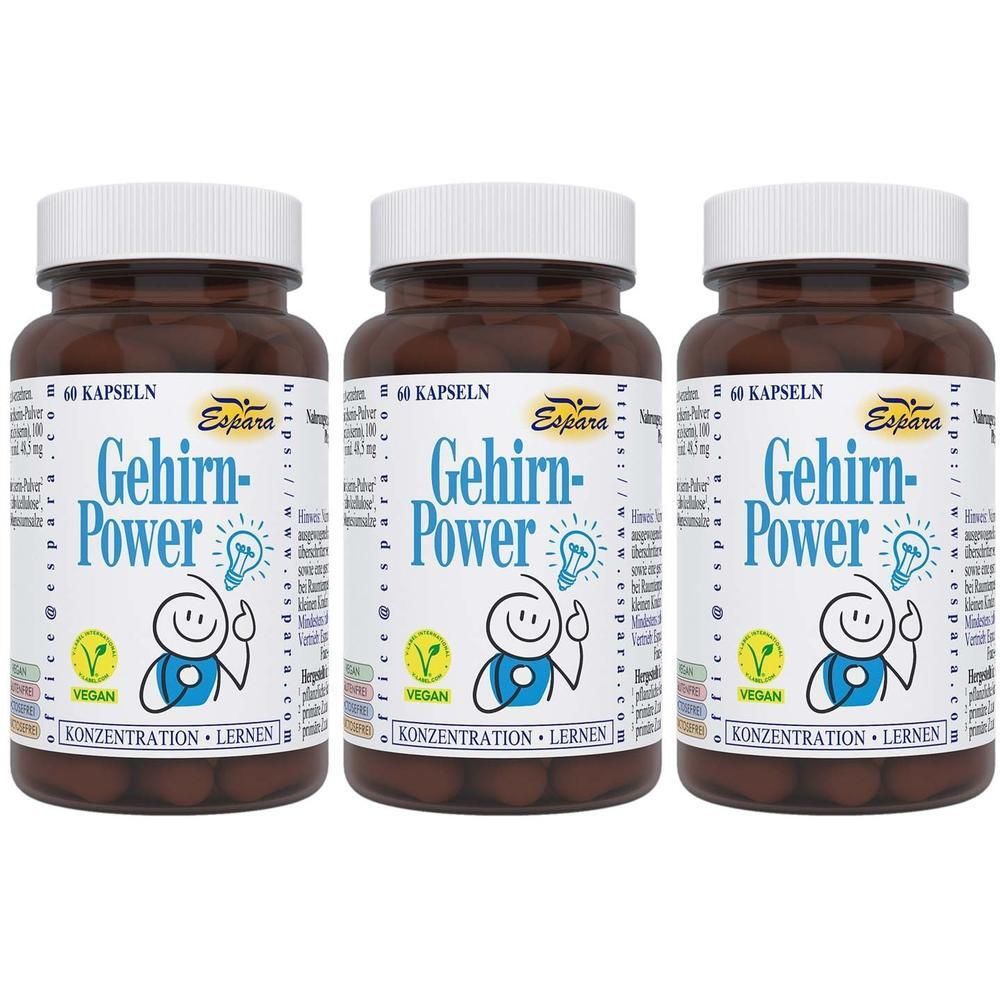 Drei Flaschen Gehirn-Power mit jeweils 60 Kapseln. Das Etikett zeigt eine stilisierte Glühbirne und die Aufschrift "Konzentration • Lernen".