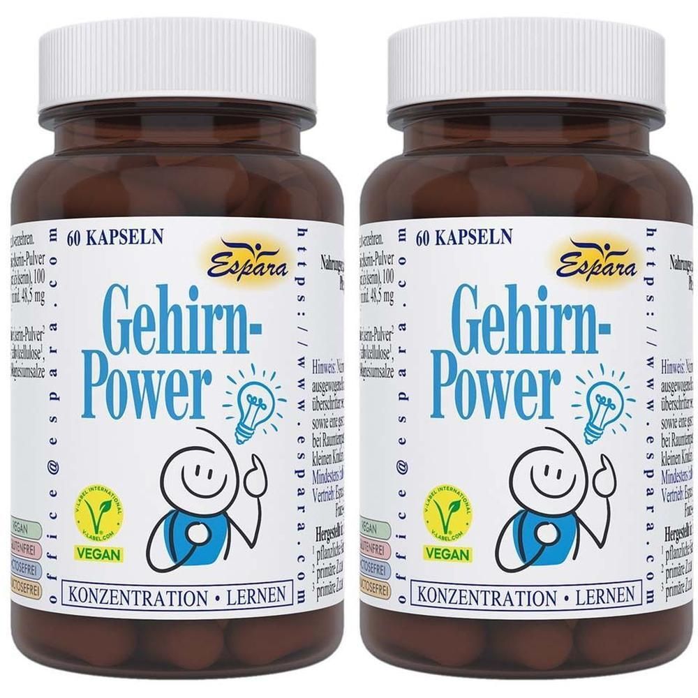Zwei braune Flaschen "Gehirn-Power" mit je 60 Kapseln, vegan, für Konzentration und Lernen.