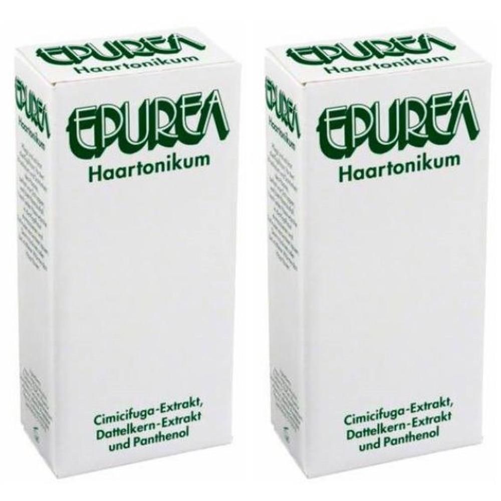 Zwei weiße Kartons mit grüner Schrift: EPUREA Haartonikum, Cimicifuga-Extrakt, Dattelkern-Extrakt und Panthenol.
