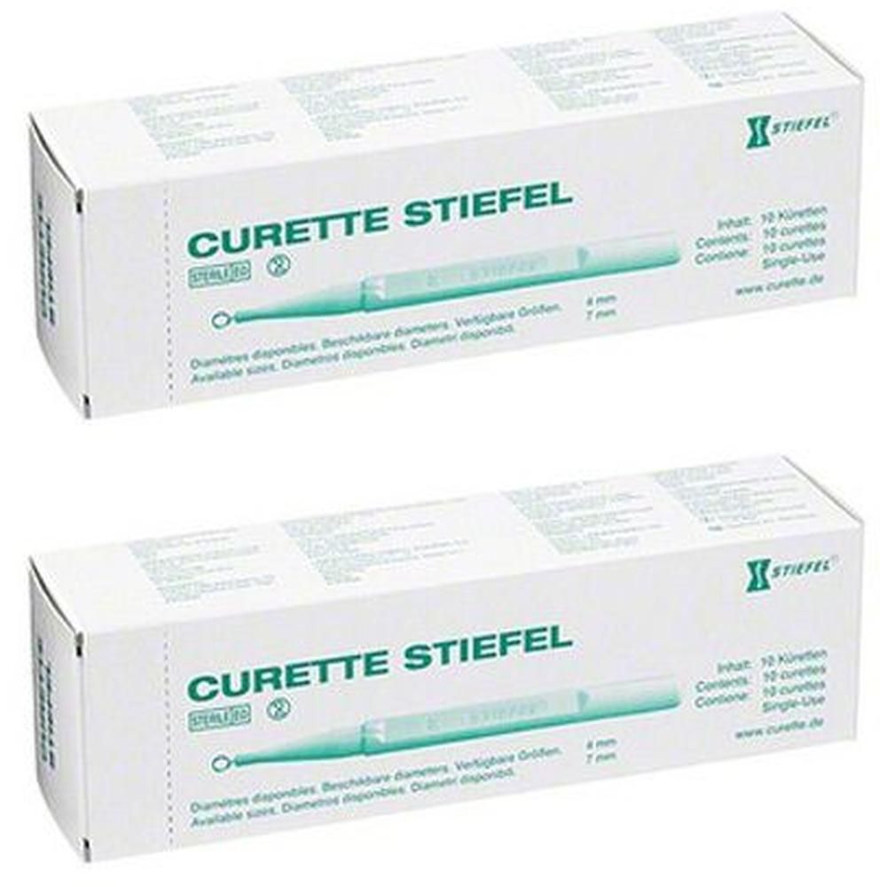 Zwei Packungen Curette Stiefel 7mm, steril, Einweg. Enthält 10 Küretten pro Packung.