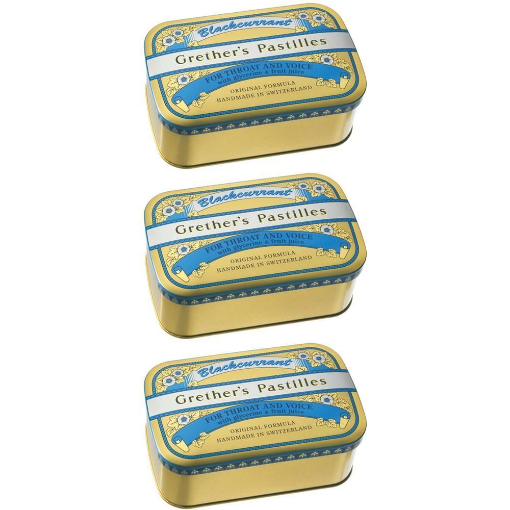 Drei gelbe Dosen Grether's Pastilles mit schwarzer Johannisbeere, für Hals und Stimme.