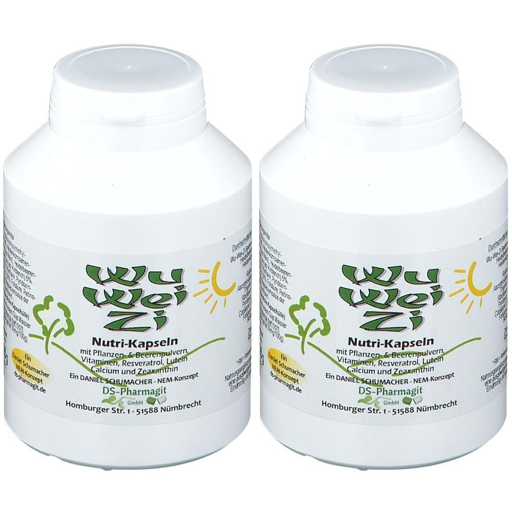 Zwei weiße Flaschen Wu Wei Zi Nutri-Kapseln mit Etiketten, die Pflanzen und eine Sonne zeigen.