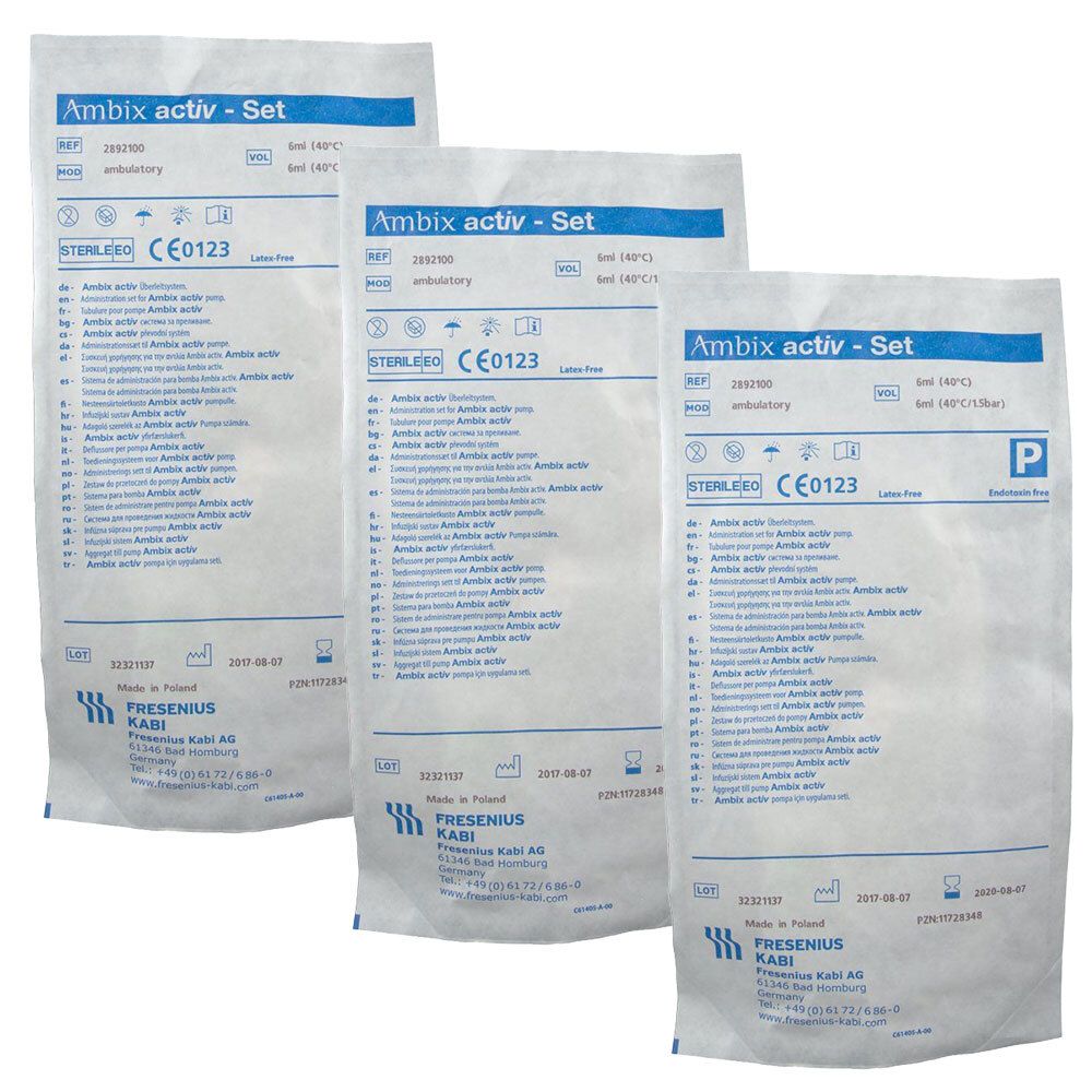 Drei sterile Beutel mit Ambix activ - Set, mit CE0123 Kennzeichnung und Herstellerangaben.