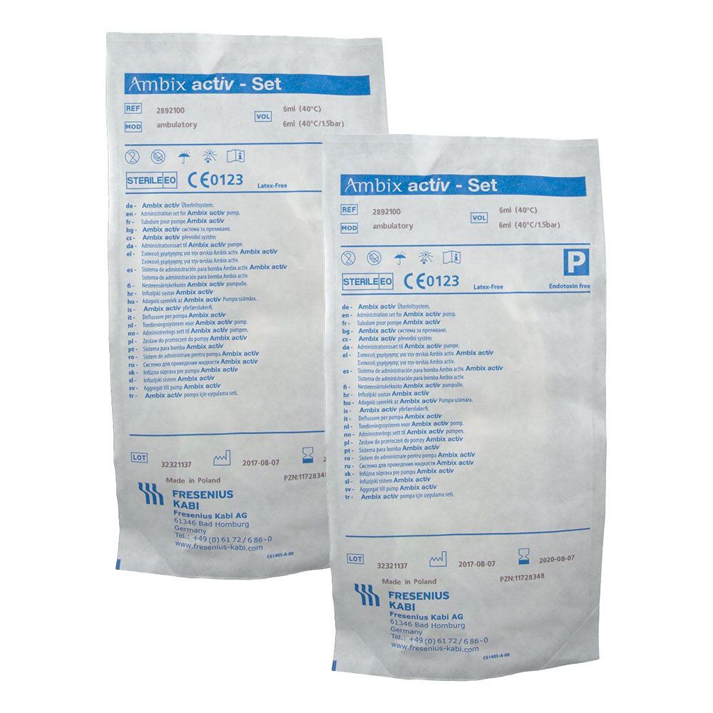 Zwei sterile Beutel mit der Aufschrift 'Ambix activ - Set'. CE0123 Kennzeichnung und Herstellerangaben sichtbar.