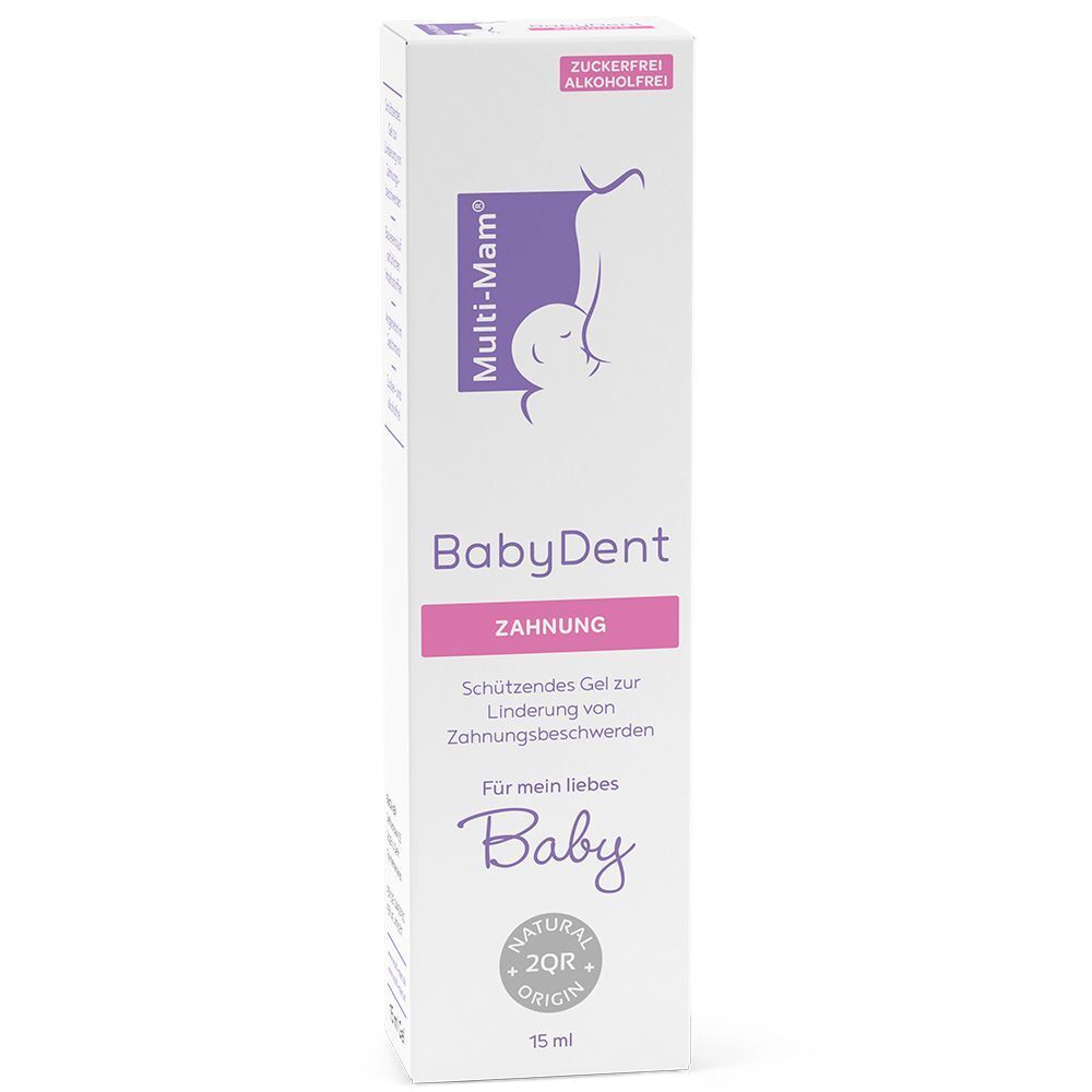 Verpackung Multi-Mam BabyDent Zahngel, 15ml. Zuckerfrei, alkoholfrei.