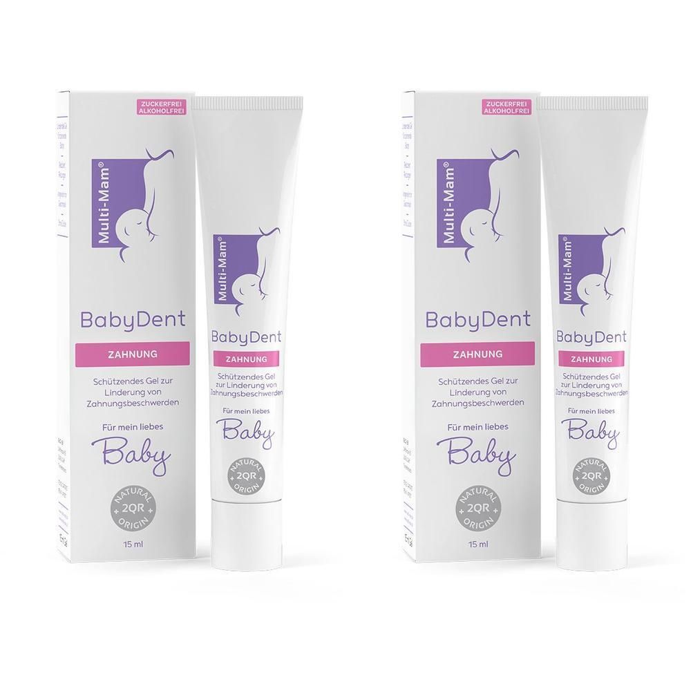 Zwei Tuben und Kartons von Multi-Mam BabyDent Zahngel. 15 ml Tuben.