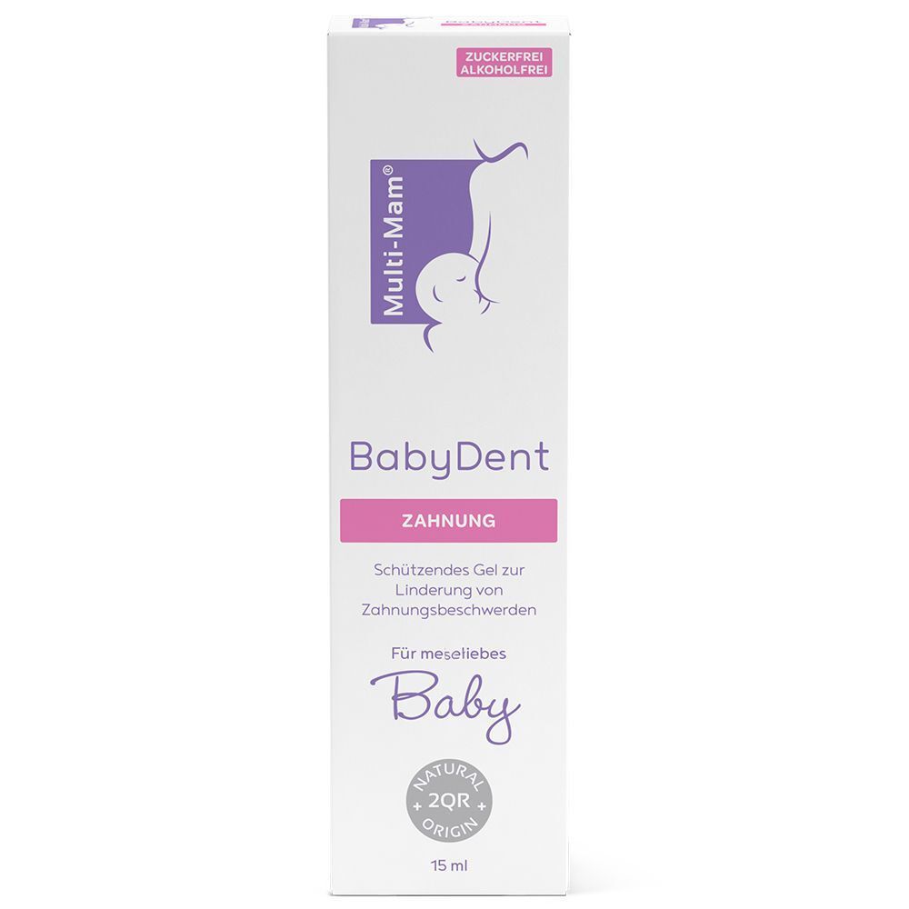 Karton von Multi-Mam BabyDent Zahngel. Zuckerfrei, alkoholfrei. 15 ml.