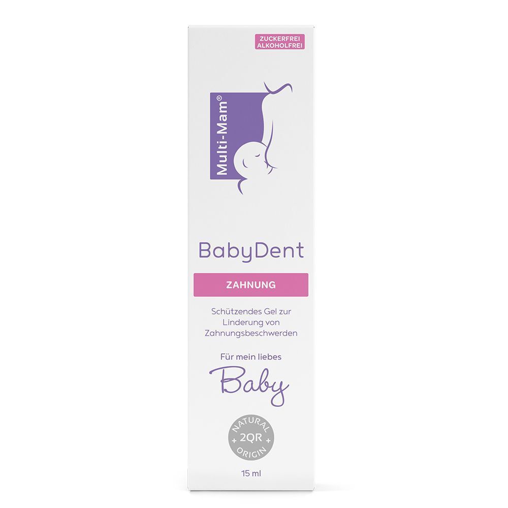 Karton von Multi-Mam BabyDent Zahngel. Zuckerfrei, alkoholfrei. 15 ml.