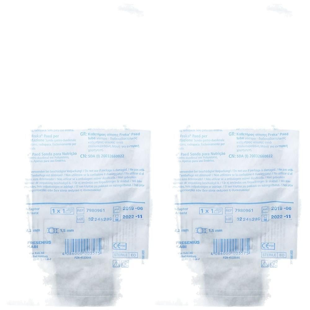 Zwei Packungen Freka® Paed-Sonde CH 6,5 50 cm. Enthält Produktinformationen und Barcode.