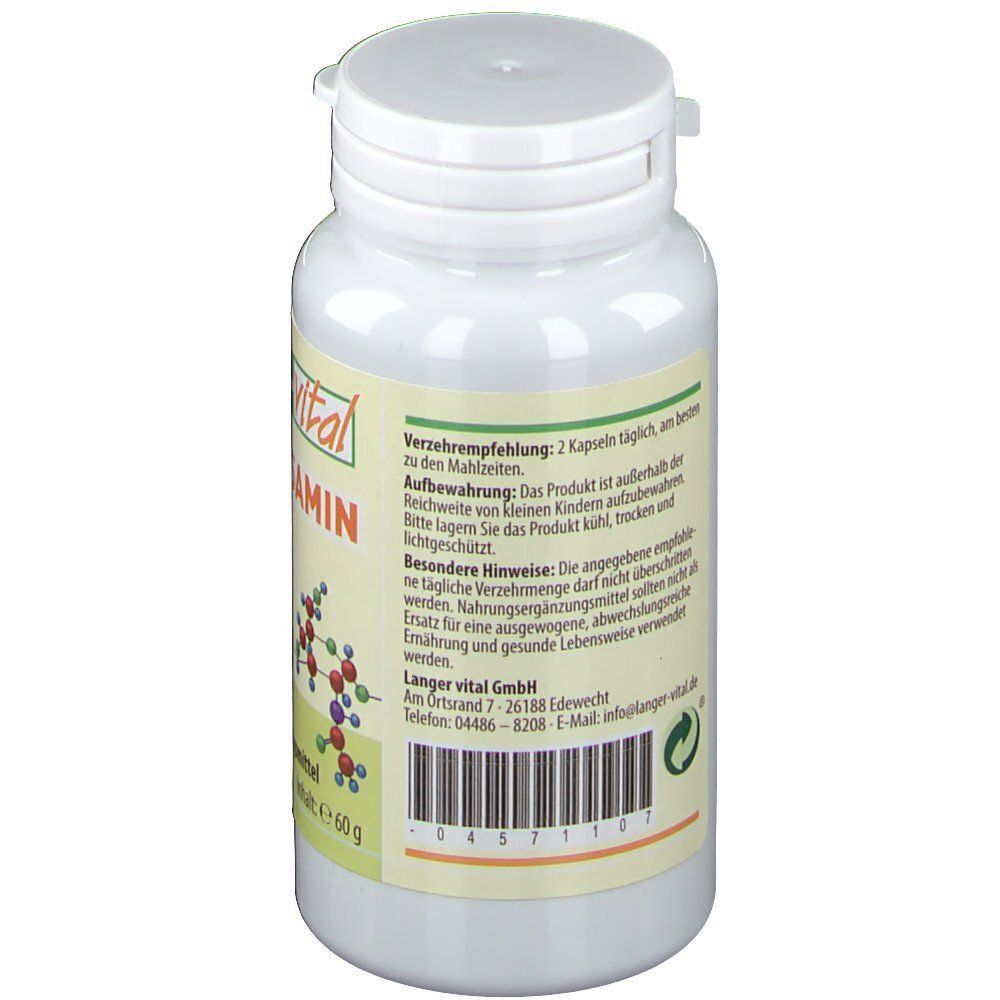 Rückseite einer Flasche LANGER-vital Glucosamin mit Anwendungshinweisen und Herstellerangaben.