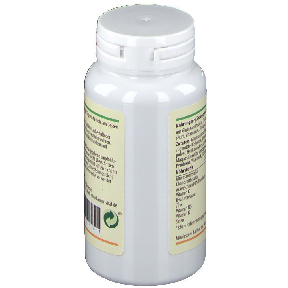 Seitenansicht einer Flasche LANGER-vital Glucosamin mit Zutatenliste und Nährwertangaben.
