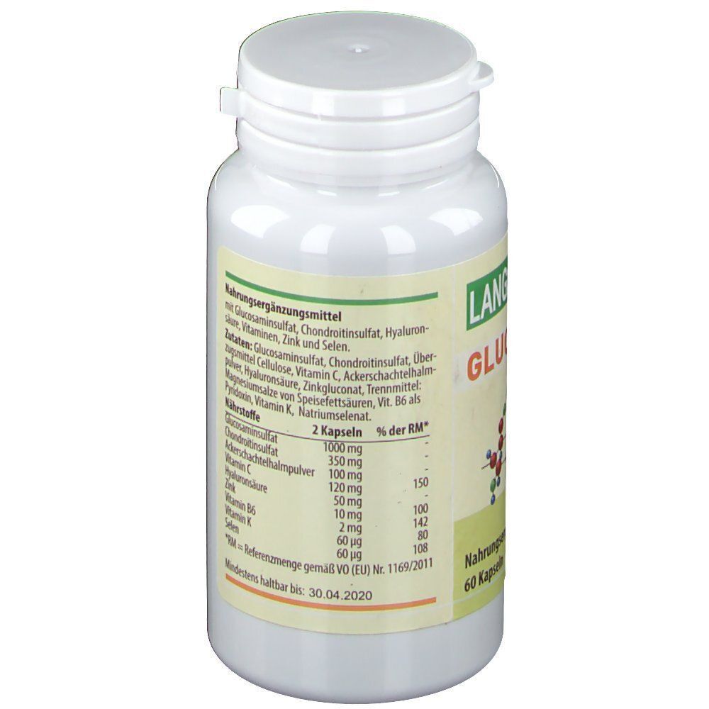 Flasche LANGER-vital Glucosamin mit detaillierter Nährwerttabelle und Zutatenliste.