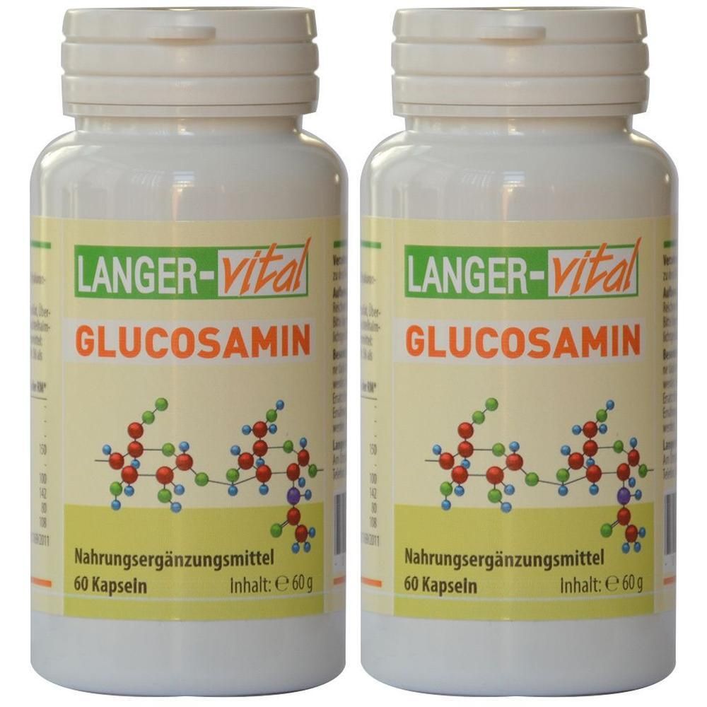 Zwei weiße Flaschen LANGER-vital Glucosamin, gefüllt mit 60 Kapseln.