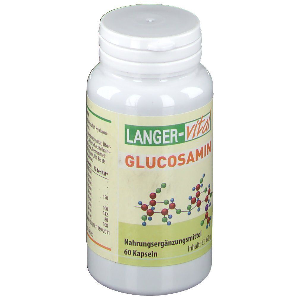 Vorderseite einer Flasche LANGER-vital Glucosamin mit Molekülstruktur und Kapselanzahl.