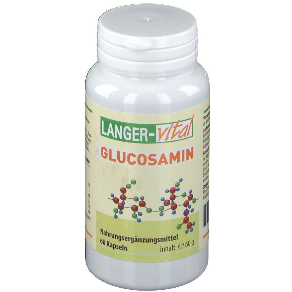 Eine weiße Flasche LANGER-vital Glucosamin mit Etikett, das die Molekülstruktur zeigt.