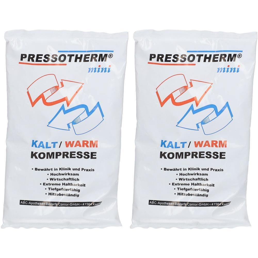 Zwei Packungen Pressotherm® mini Kalt/Warm Kompressen. Weiße Beutel mit roten und blauen Pfeilen.